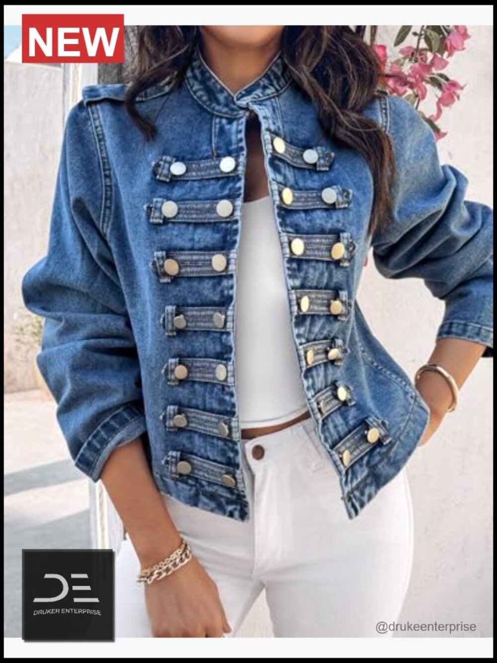 Denim Jacket Button Up Stand Collar Casual Long Sleeve Lightweight Fall Coat - Picture 6 of 7